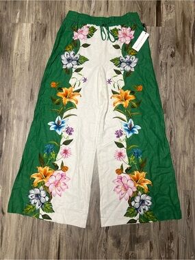 Maison d’Amelie Green White Floral Wide Leg Linen Pants NWT